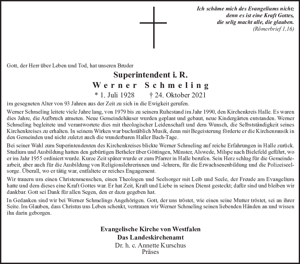 An dieser Stelle wird der Nachruf von Superintendent in Ruhe Werner Schmeling angezeigt.
