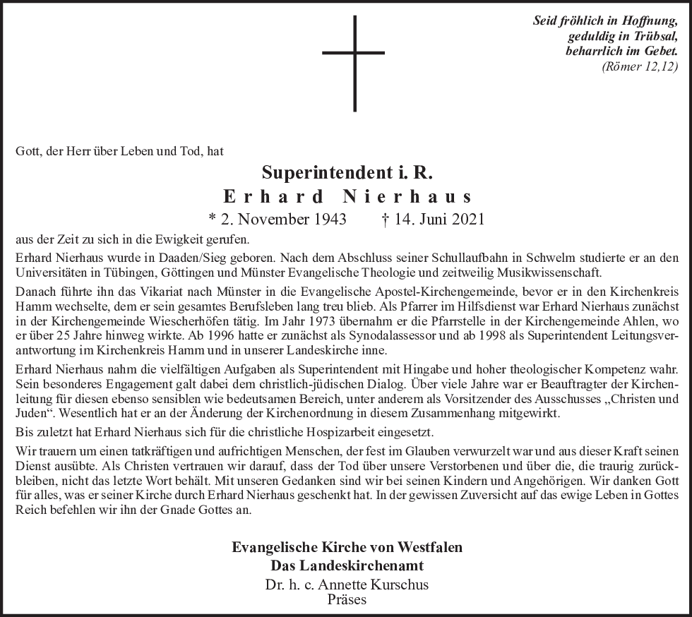 An dieser Stelle wird der Nachruf von Superintendent in Ruhe Erhard Nierhaus angezeigt.