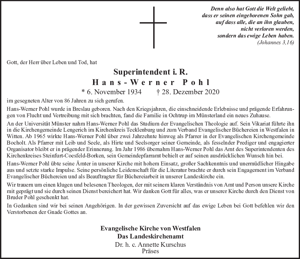 An dieser Stelle wird der Nachruf von Superintendent in Ruhe Hans-Werner Pohl angezeigt.