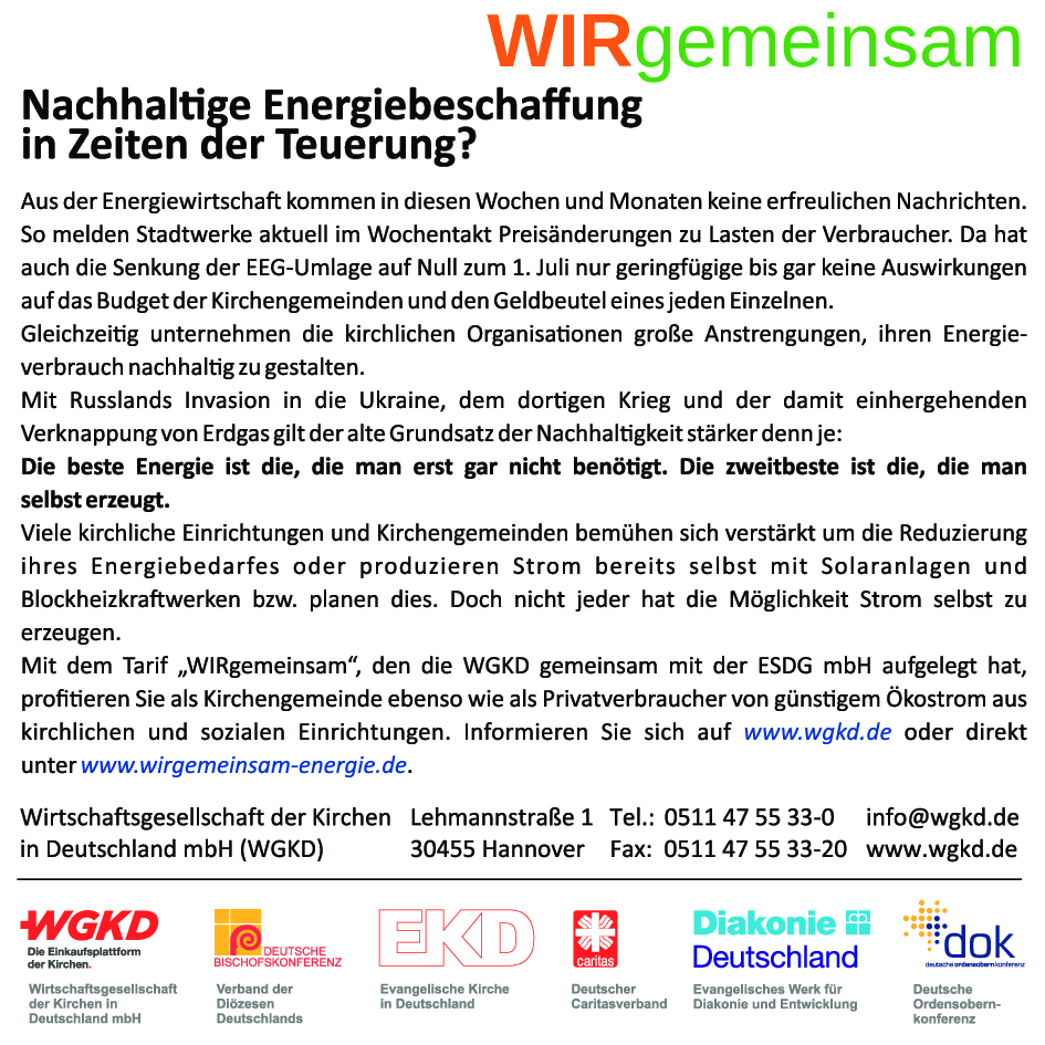An dieser Stelle wird die Werbung der Wirtschaftsgesellschaft der Kirchen in Deutschland mbH (WGKD) angezeigt.
